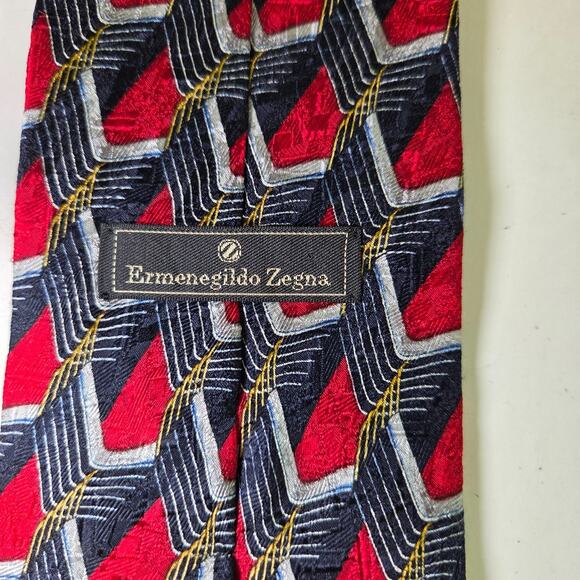 Ermenegildo Zegna Silk Tie Geometric Red Navy Gold Made in Italy 58" - Picture 4 of 10